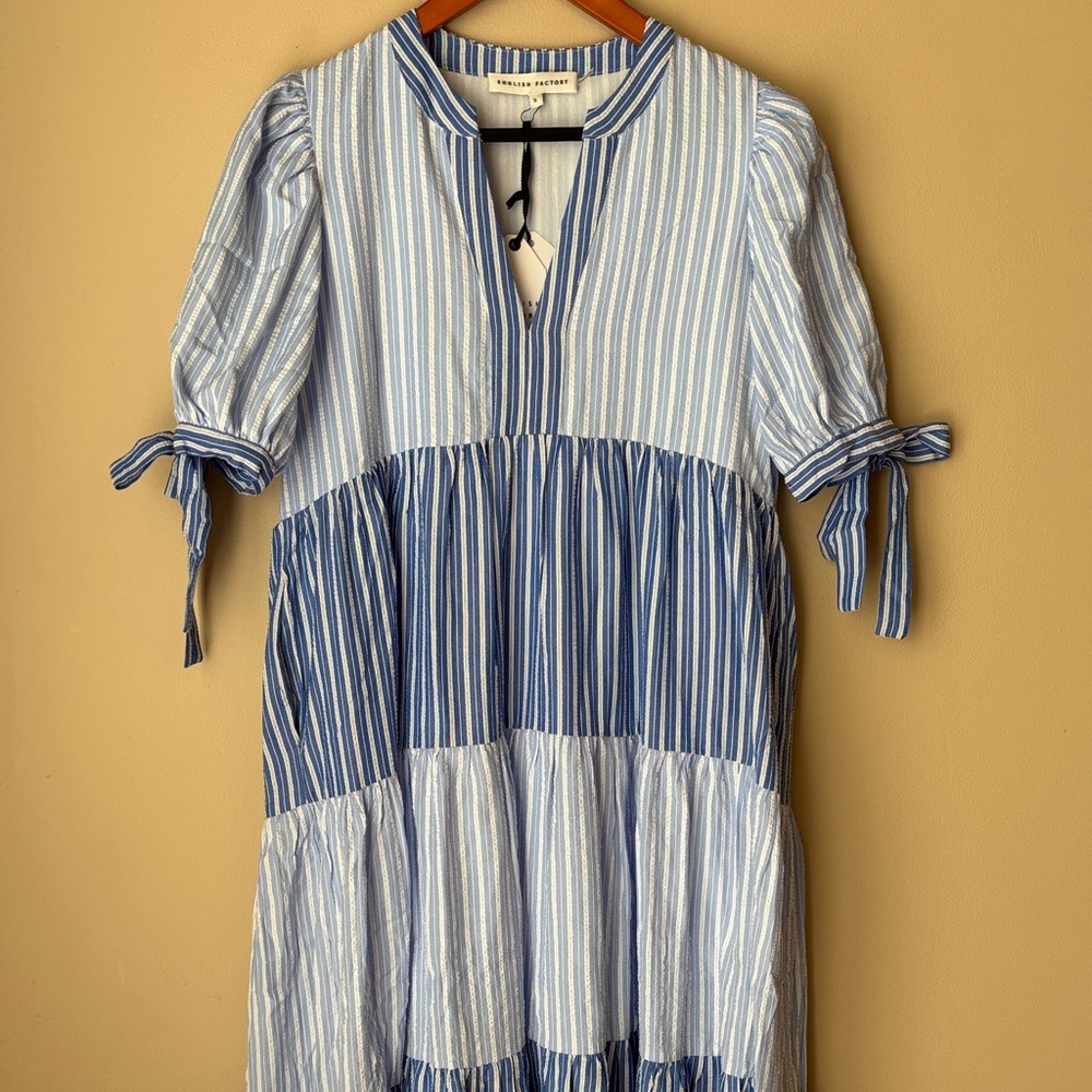NWT English Factory Blue Striped Tiered Midi Dress Small - Picture 7 of 13